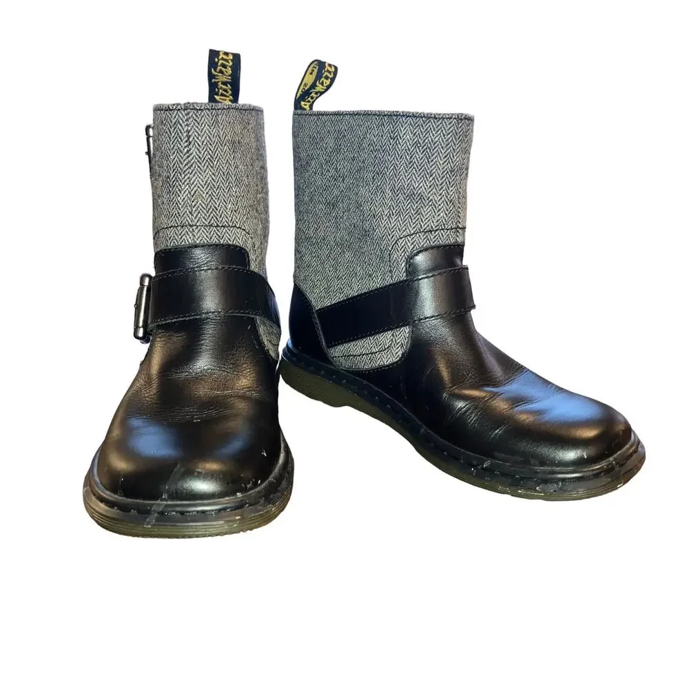 Dr. Martens Gayle Biker Boots with Houndstooth Black and White Tweed- EU 36 US 5